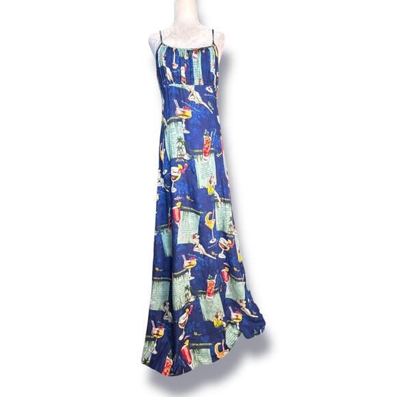 Vintage Dresses & Skirts - Vintage Mamo Howell Hawaiian Cocktail  Blue Maxi Slipdress Rayon Small Vacation